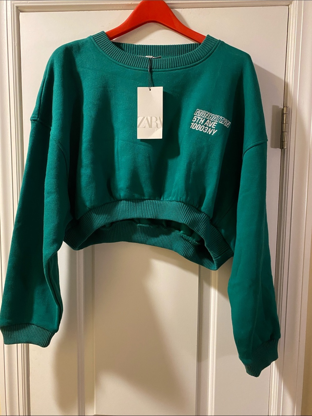 Zara Cotton Stretch Oversized Green White Embroidered Sweatshirt NWT